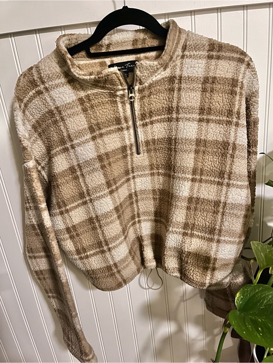 Love Tree Sweaters - Love Tree Plaid Sherpa Half-Zip Pullover - Cream & Tan